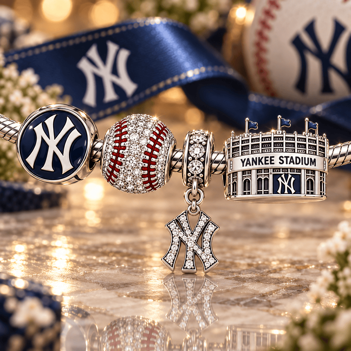 NYY Silver Charm Bracelet Set VTH