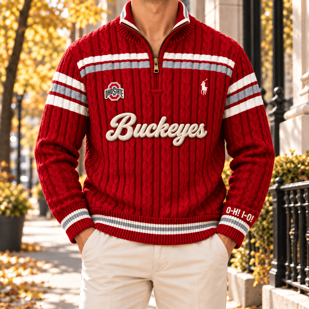 OSB PREMIUM Varsity Cable-Knit Quarter-Zip Sweater NHVH