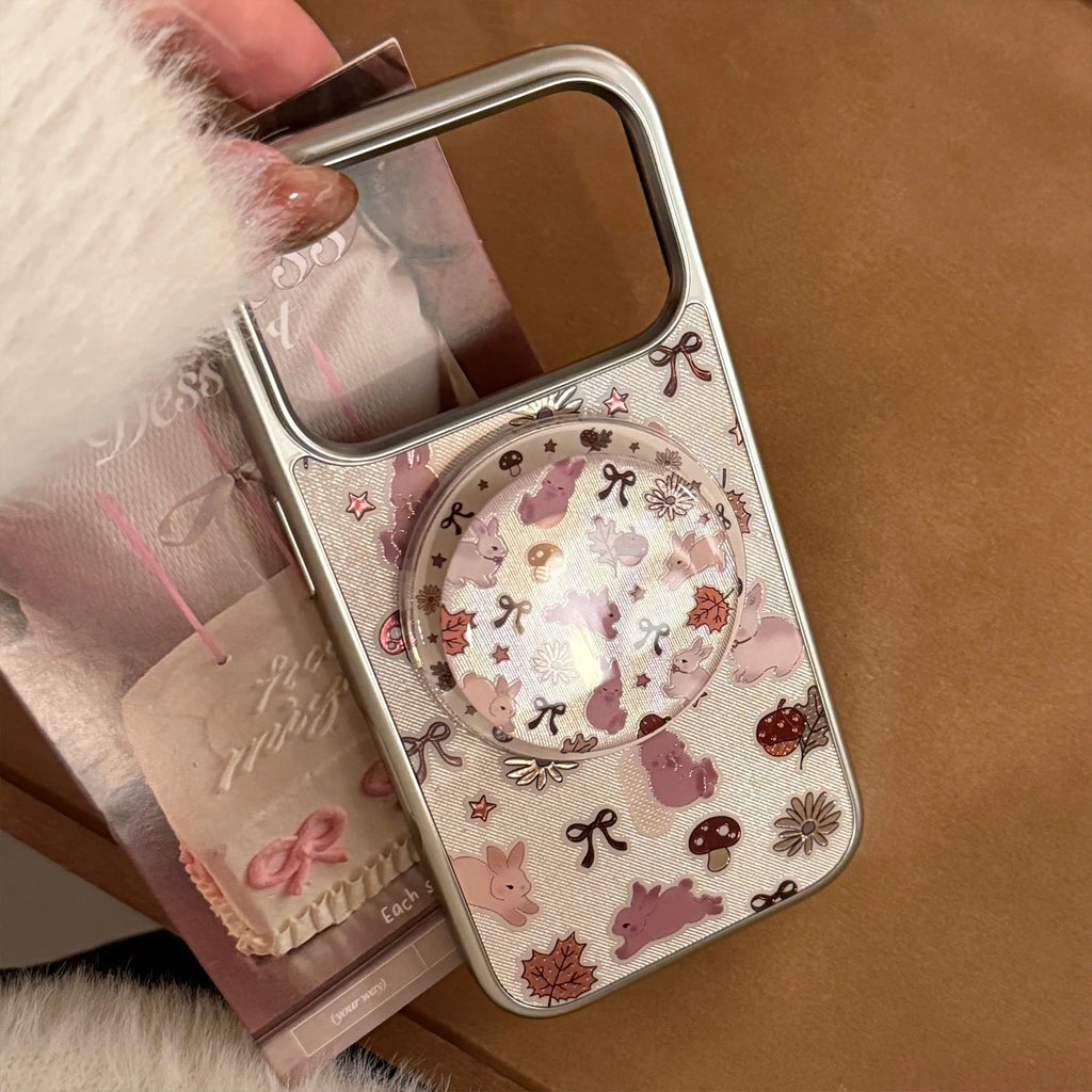 Gilding Rabbit Mushroom Bowknot Silver Border Holder Magnetic Phone Cover Case for iPhone 17 16 15 14 13 12 Pro Max Plus Air