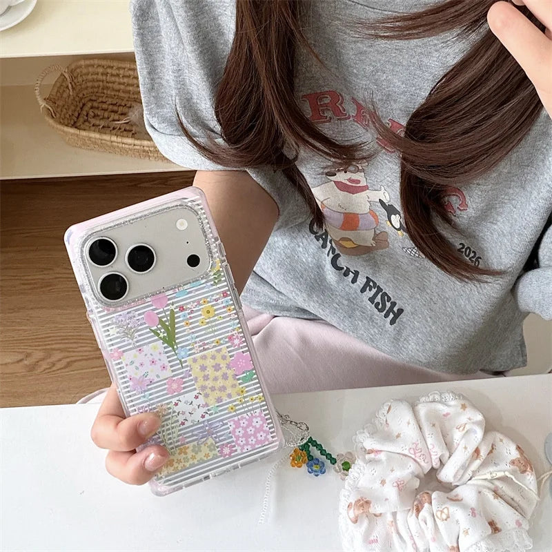 Colorful Floral Sticker Striped Phone Case With Flower Lanyard For iPhone 15 16 17 Pro Max INS Cottagecore Shockproof Protective
