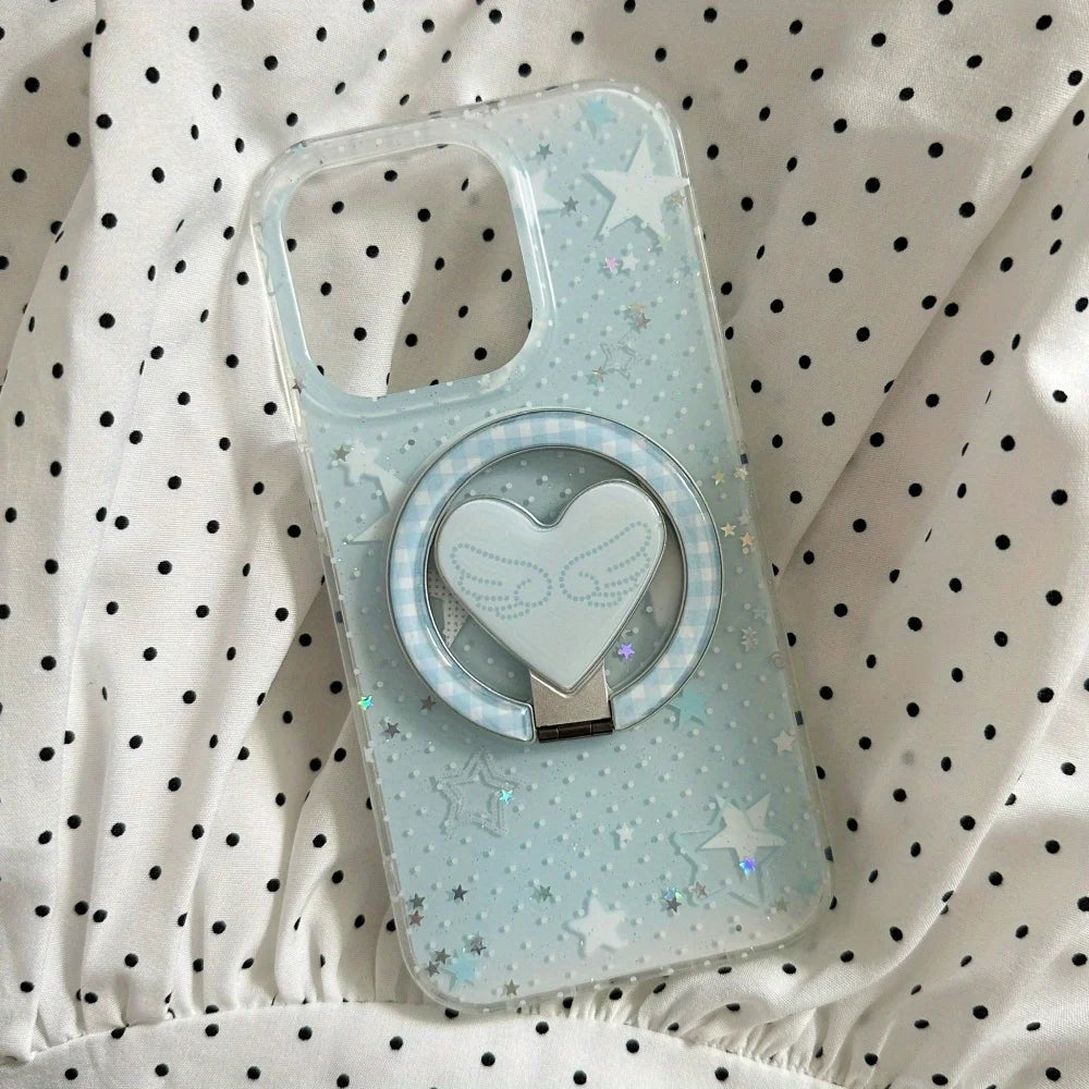 [Leo] Blue polka dot star love wings magnetic suction bracket Apple 15pro mobile phone case 16promax new iphone13