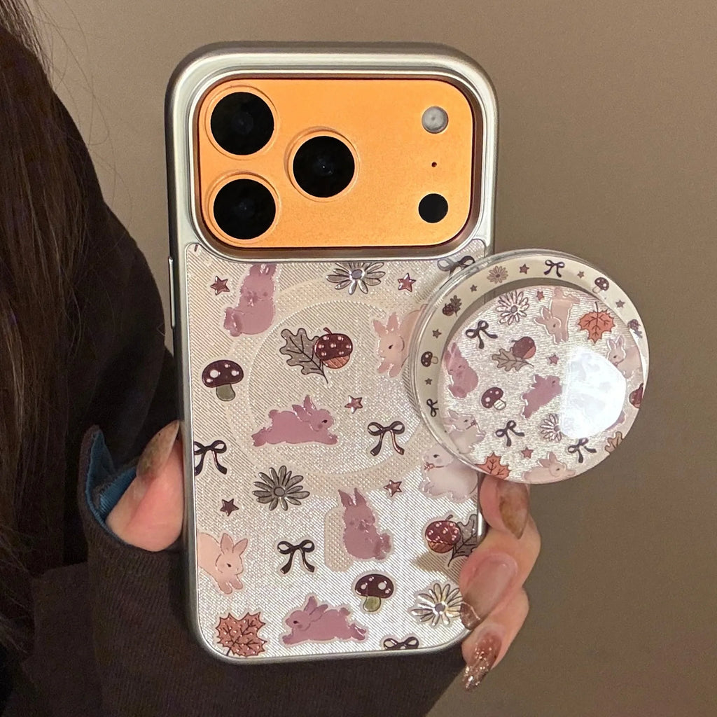 Gilding Rabbit Mushroom Bowknot Silver Border Holder Magnetic Phone Cover Case for iPhone 17 16 15 14 13 12 Pro Max Plus Air