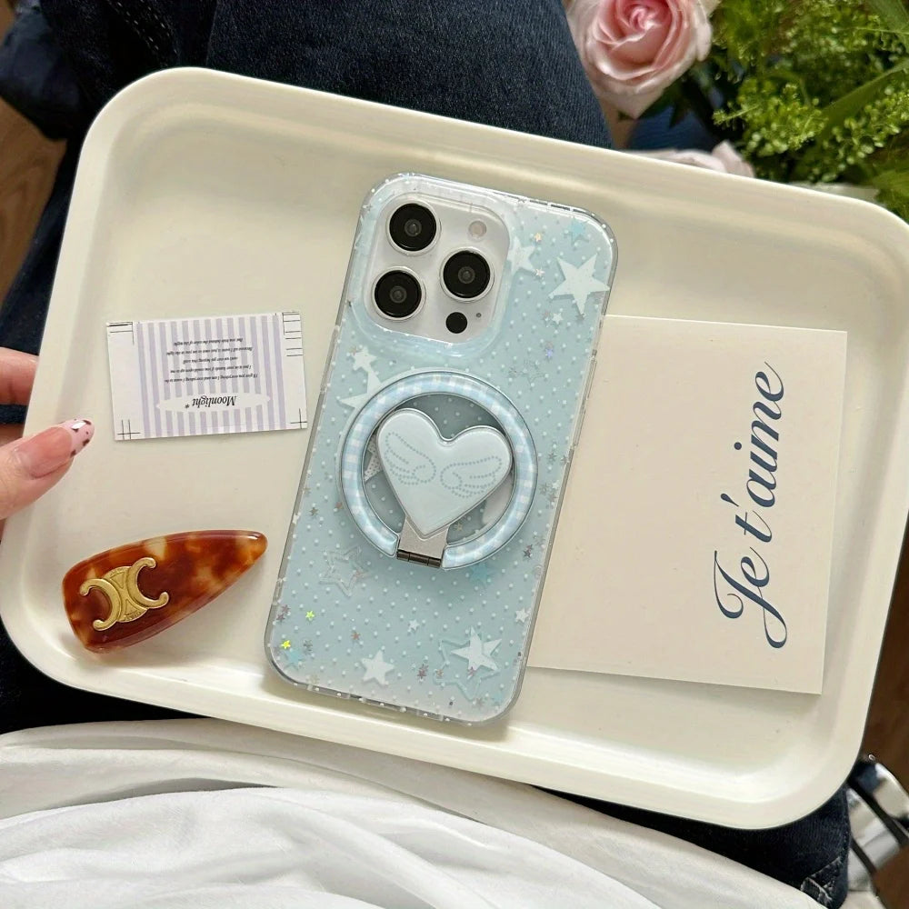 [Leo] Blue polka dot star love wings magnetic suction bracket Apple 15pro mobile phone case 16promax new iphone13