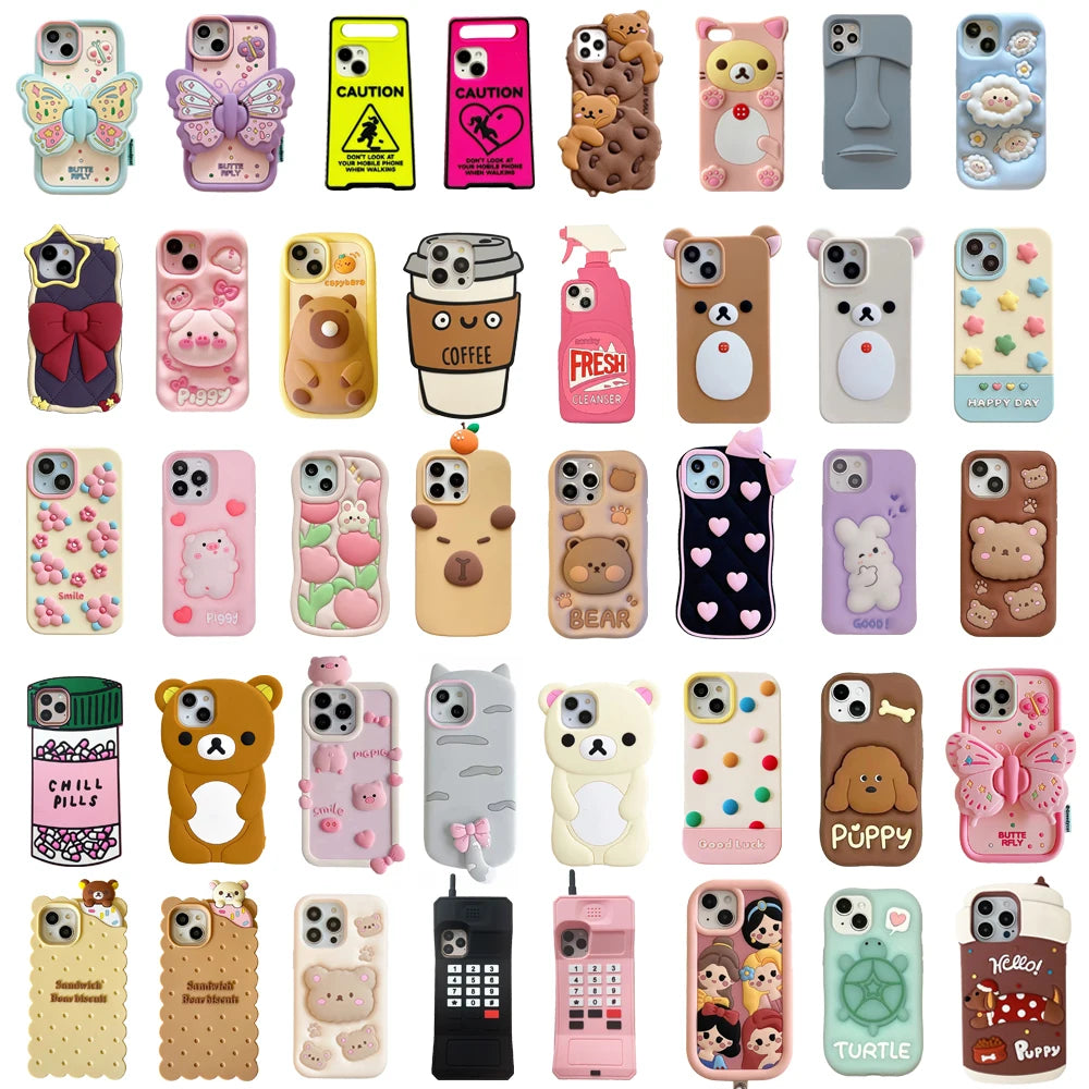 Various Soft Silicone Phone Back Cover Shockproof Skin Shell 3D Cute Cartoon Case For iPhone 14, 14Pro, 14Pro Max, 15, 15Pro Max