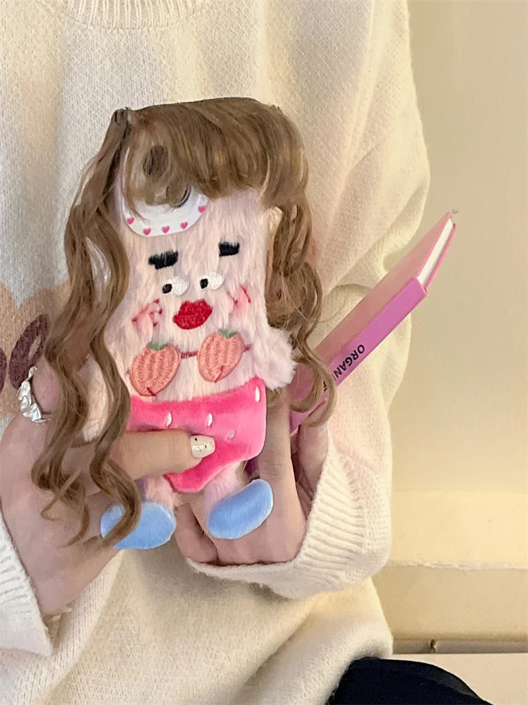 Cute 3D Girl Long Hair Winter Phone Cases for Iphone 14 Pro Max 13 12 11 Case Winter Warm Plush Hair Cover